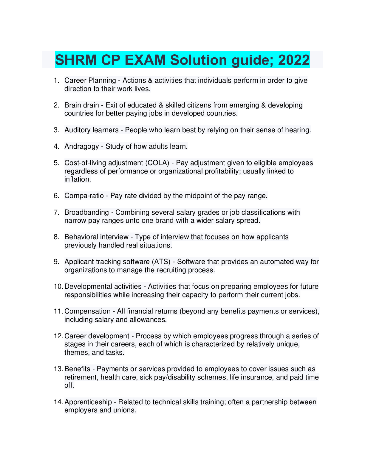 SHRM CP EXAM Solution guide; 2022 Browsegrades